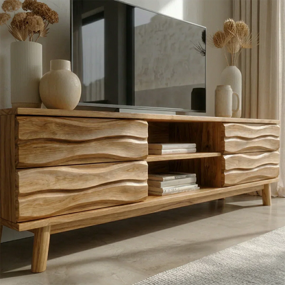 Handcrafted Solid Wood TV Stand with Sculpted Wave Drawers and Center Open Shelving - Woodenecho