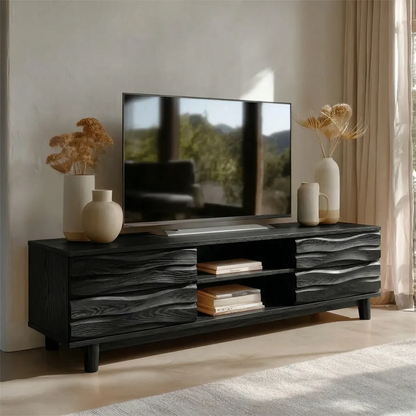 Handcrafted Solid Wood TV Stand with Sculpted Wave Drawers and Center Open Shelving - Woodenecho