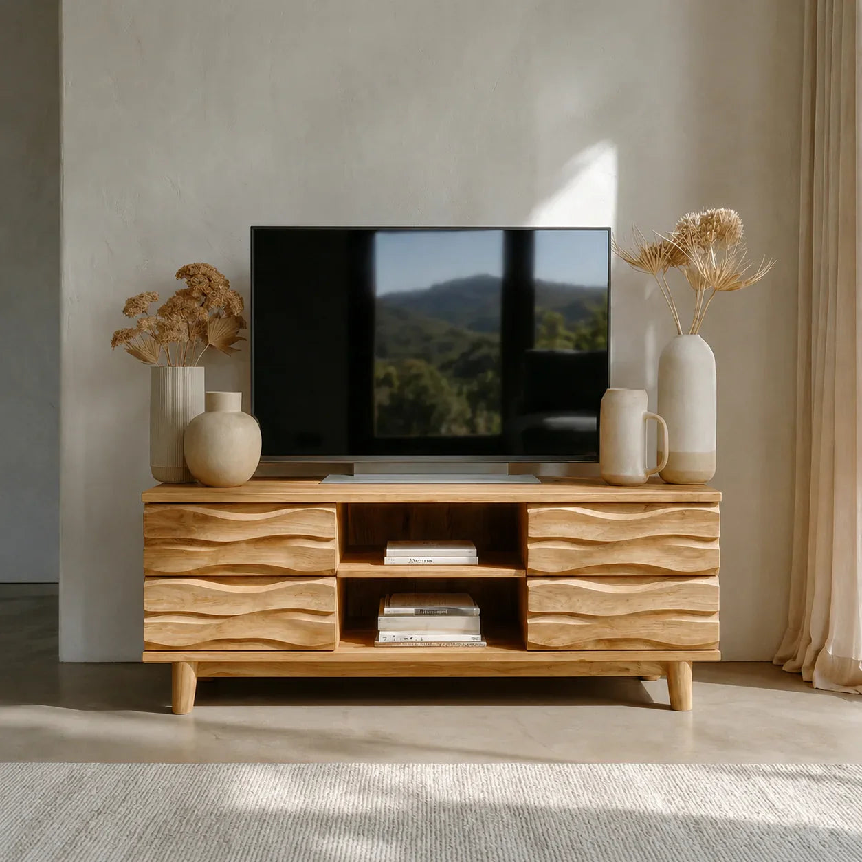 Handcrafted Solid Wood TV Stand with Sculpted Wave Drawers and Center Open Shelving - Woodenecho