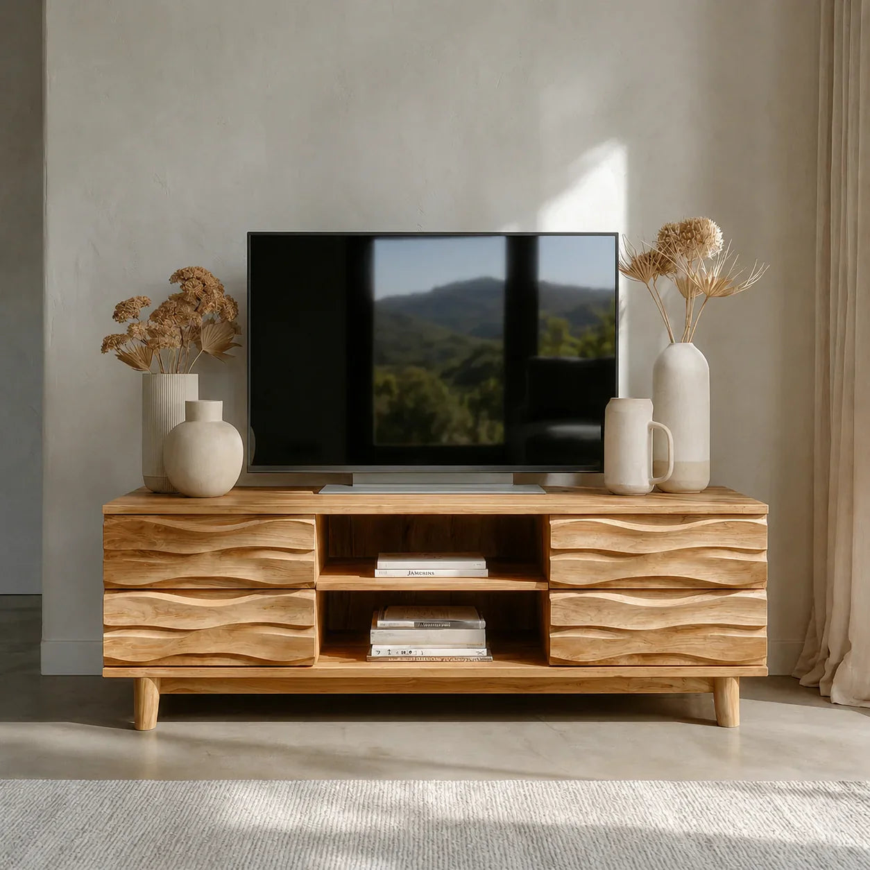 Handcrafted Solid Wood TV Stand with Sculpted Wave Drawers and Center Open Shelving - Woodenecho