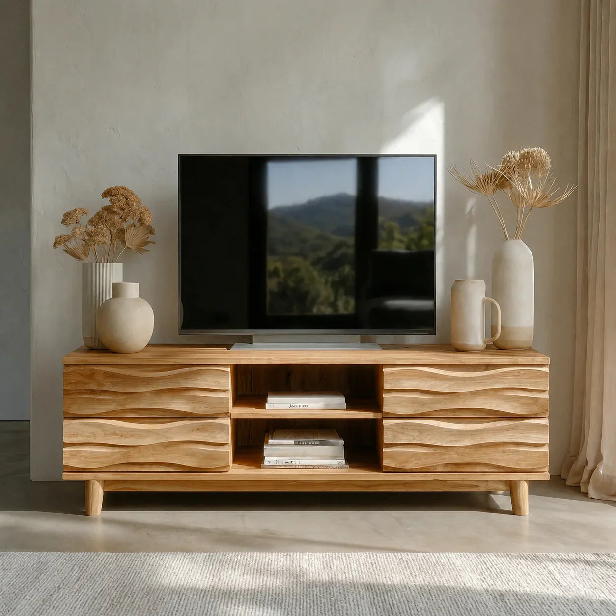Handcrafted Solid Wood TV Stand with Sculpted Wave Drawers and Center Open Shelving - Woodenecho