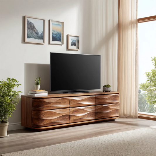 Handcrafted Solid Wood TV Stand with Sculpted Wave Drawers and Full Storage Cabinet - Rustirawood