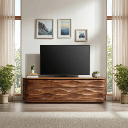 Handcrafted Solid Wood TV Stand with Sculpted Wave Drawers and Full Storage Cabinet - Rustirawood