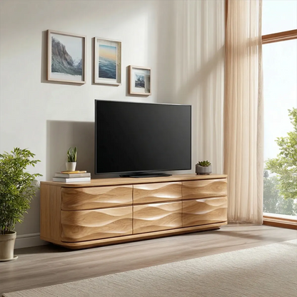 Handcrafted Solid Wood TV Stand with Sculpted Wave Drawers and Full Storage Cabinet - Rustirawood
