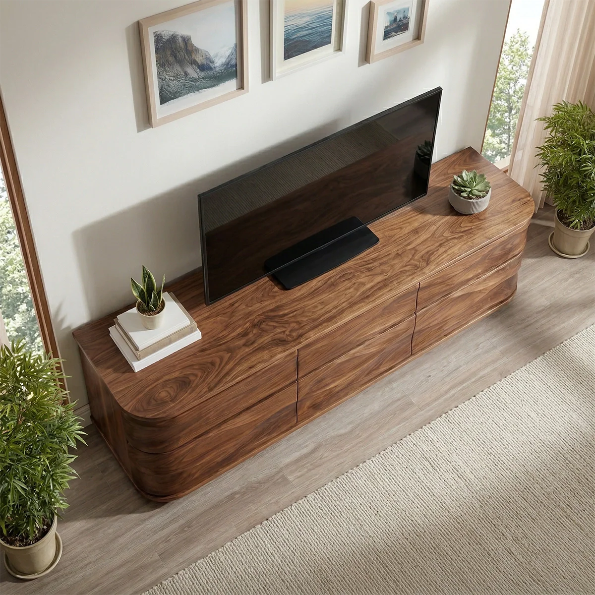 Handcrafted Solid Wood TV Stand with Sculpted Wave Drawers and Full Storage Cabinet - Rustirawood