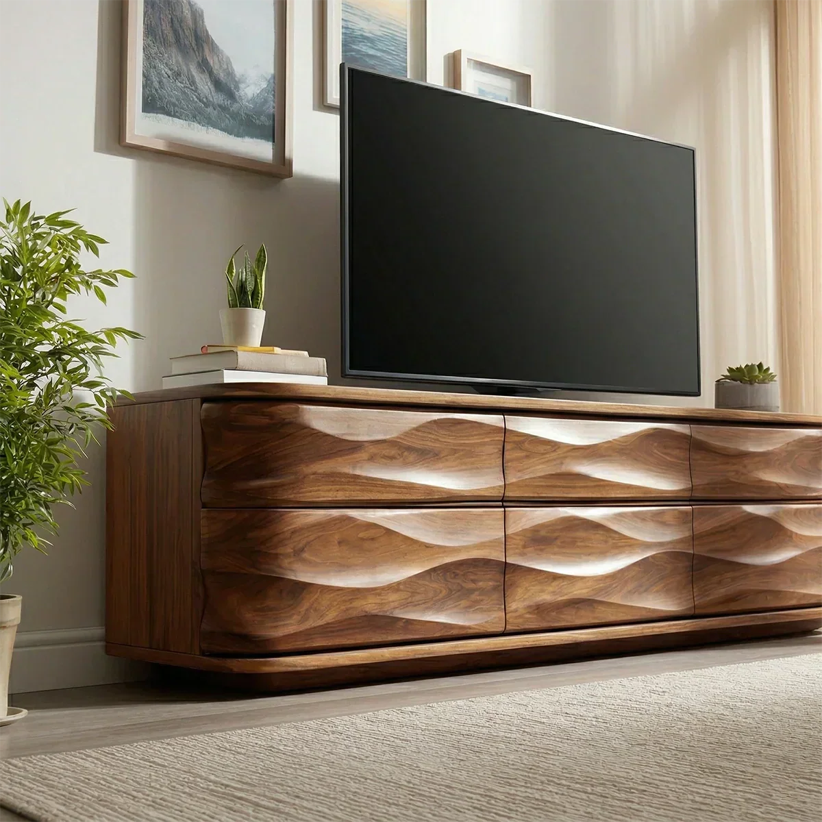Handcrafted Solid Wood TV Stand with Sculpted Wave Drawers and Full Storage Cabinet - Woodenecho