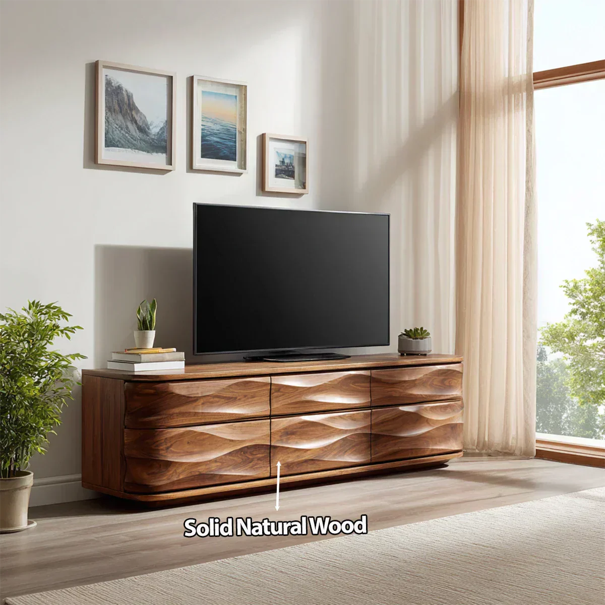 Handcrafted Solid Wood TV Stand with Sculpted Wave Drawers and Full Storage Cabinet - Woodenecho