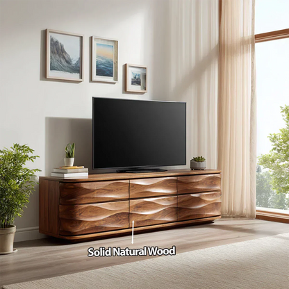 Handcrafted Solid Wood TV Stand with Sculpted Wave Drawers and Full Storage Cabinet - Woodenecho