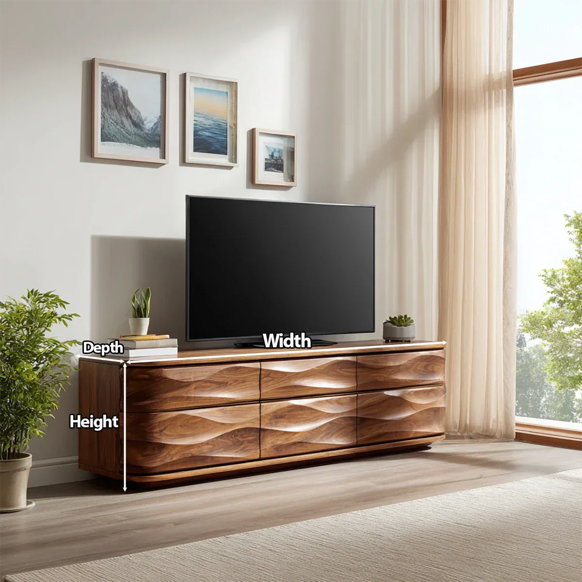 Handcrafted Solid Wood TV Stand with Sculpted Wave Drawers and Full Storage Cabinet - Woodenecho