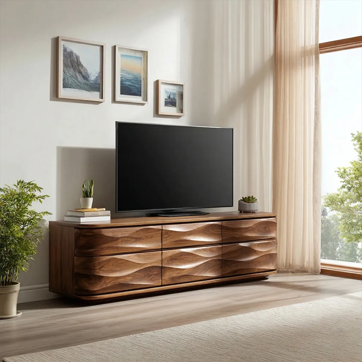 Handcrafted Solid Wood TV Stand with Sculpted Wave Drawers and Full Storage Cabinet - Woodenecho