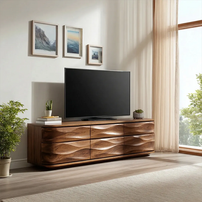 Handcrafted Solid Wood TV Stand with Sculpted Wave Drawers and Full Storage Cabinet - Woodenecho
