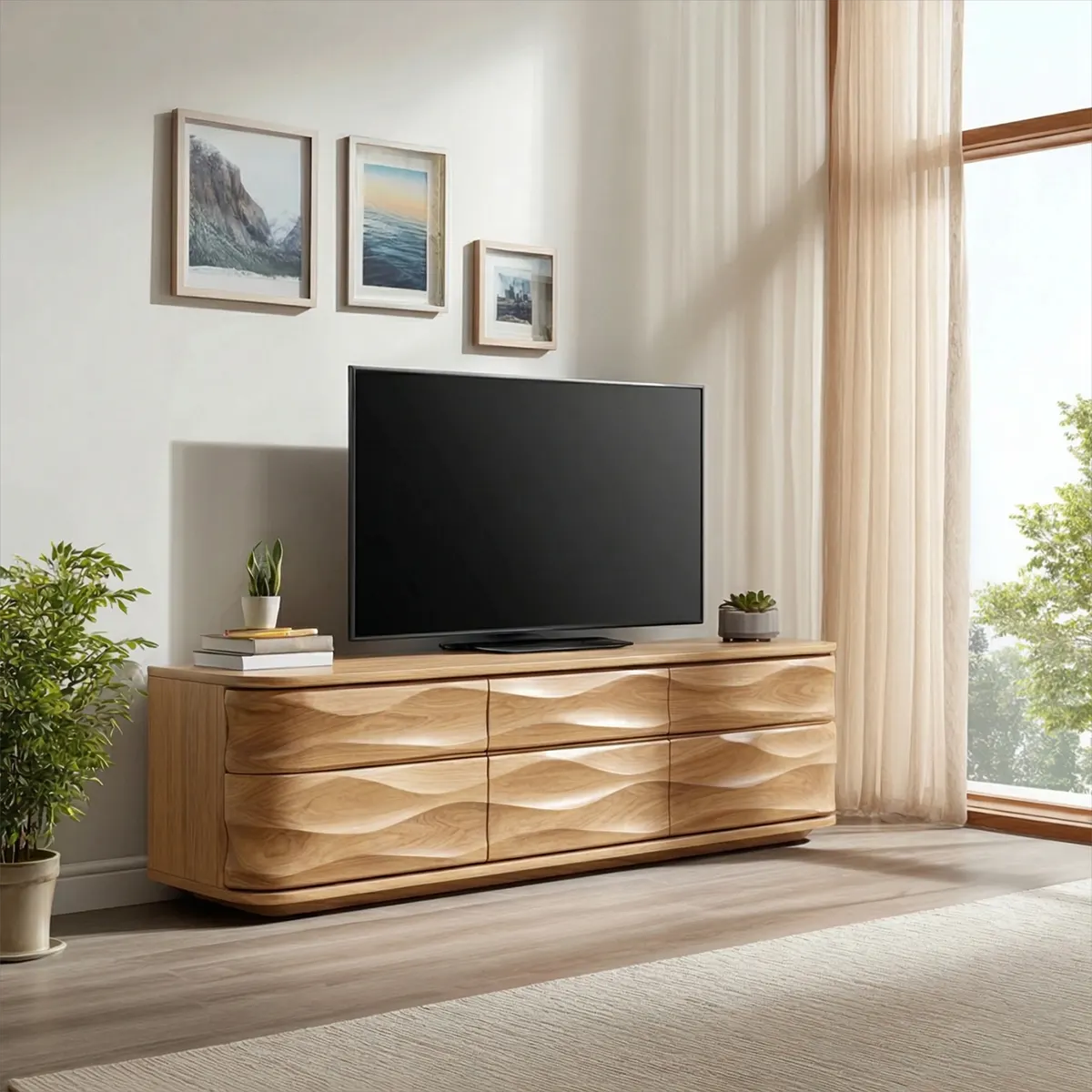 Handcrafted Solid Wood TV Stand with Sculpted Wave Drawers and Full Storage Cabinet - Woodenecho