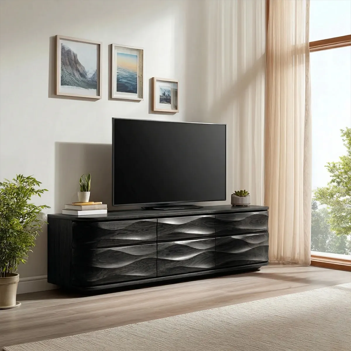 Handcrafted Solid Wood TV Stand with Sculpted Wave Drawers and Full Storage Cabinet - Woodenecho
