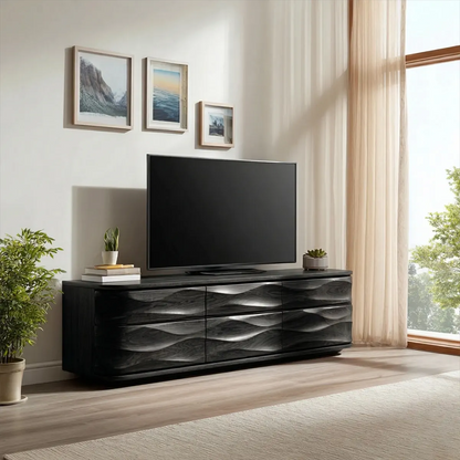 Handcrafted Solid Wood TV Stand with Sculpted Wave Drawers and Full Storage Cabinet - Woodenecho