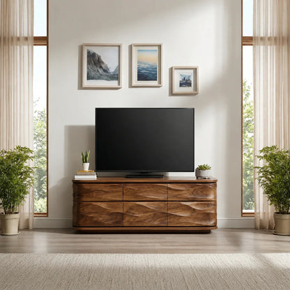 Handcrafted Solid Wood TV Stand with Sculpted Wave Drawers and Full Storage Cabinet - Woodenecho