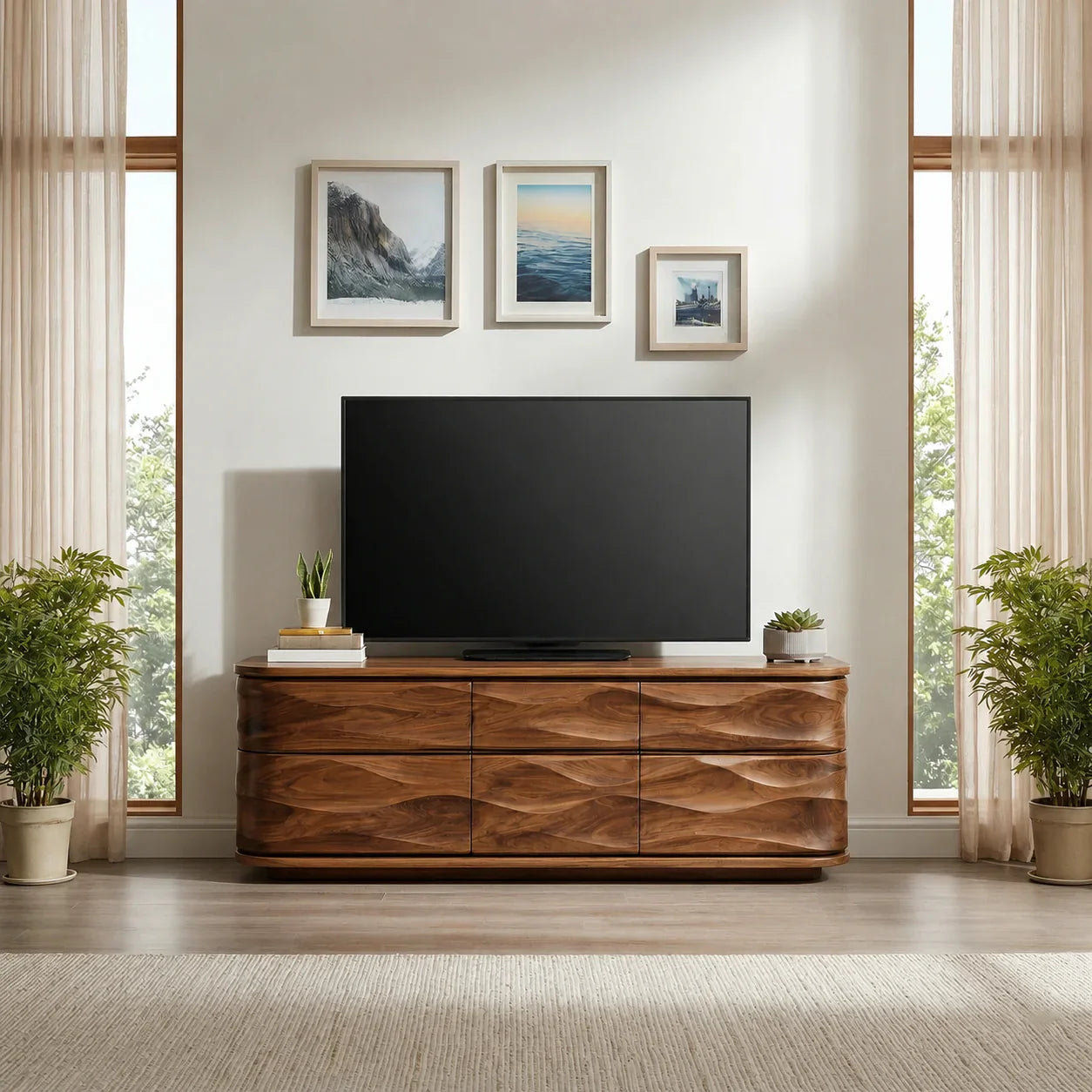 Handcrafted Solid Wood TV Stand with Sculpted Wave Drawers and Full Storage Cabinet - Woodenecho
