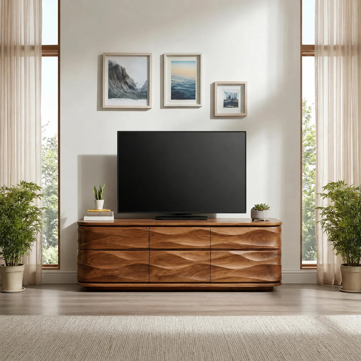 Handcrafted Solid Wood TV Stand with Sculpted Wave Drawers and Full Storage Cabinet - Woodenecho