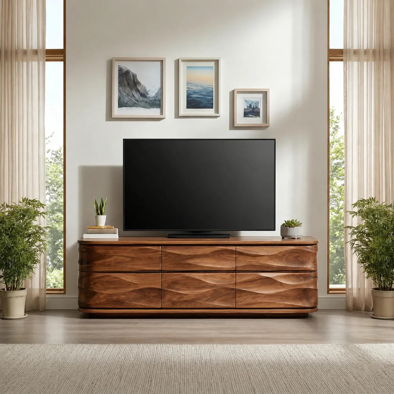Handcrafted Solid Wood TV Stand with Sculpted Wave Drawers and Full Storage Cabinet - Woodenecho
