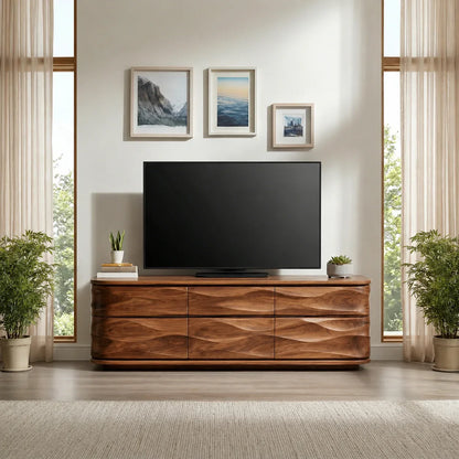 Handcrafted Solid Wood TV Stand with Sculpted Wave Drawers and Full Storage Cabinet - Woodenecho