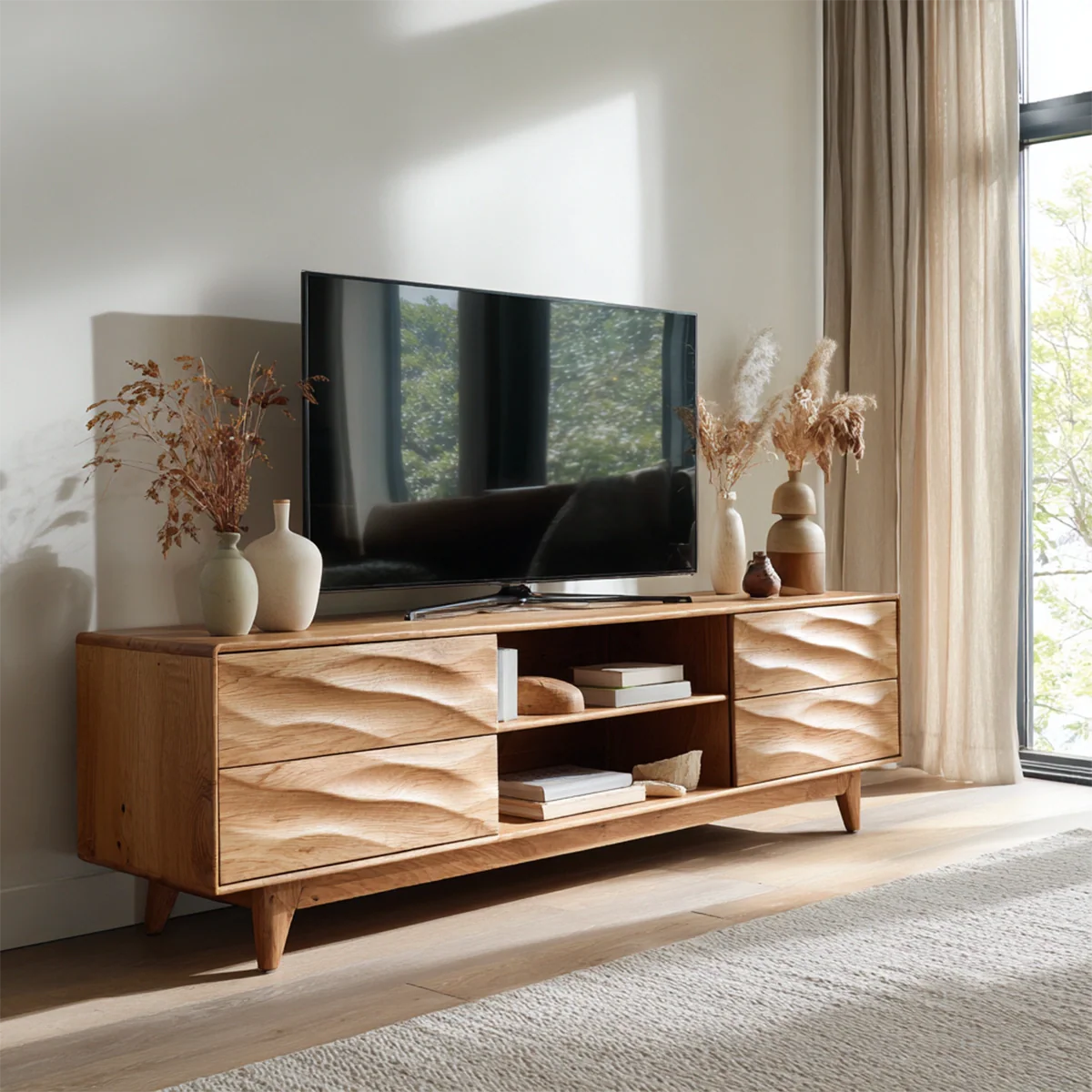 Handcrafted Solid Wood TV Stand with Sculpted Wave Drawers and Mid Century Frame - Rustirawood