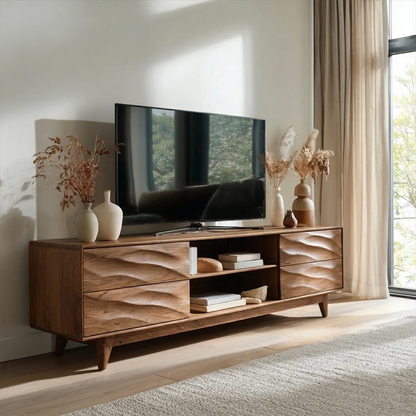 Handcrafted Solid Wood TV Stand with Sculpted Wave Drawers and Mid Century Frame - Rustirawood