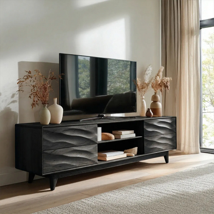 Handcrafted Solid Wood TV Stand with Sculpted Wave Drawers and Mid Century Frame - Rustirawood