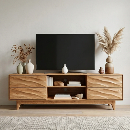 Handcrafted Solid Wood TV Stand with Sculpted Wave Drawers and Mid Century Frame - Rustirawood