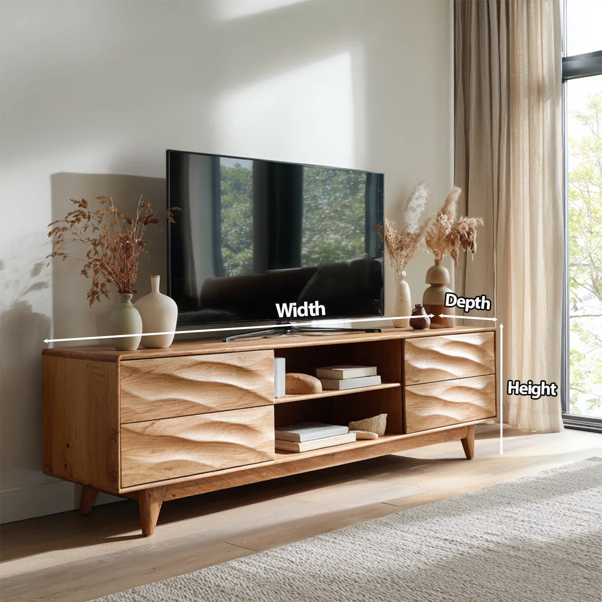 Handcrafted Solid Wood TV Stand with Sculpted Wave Drawers and Mid Century Frame - Rustirawood