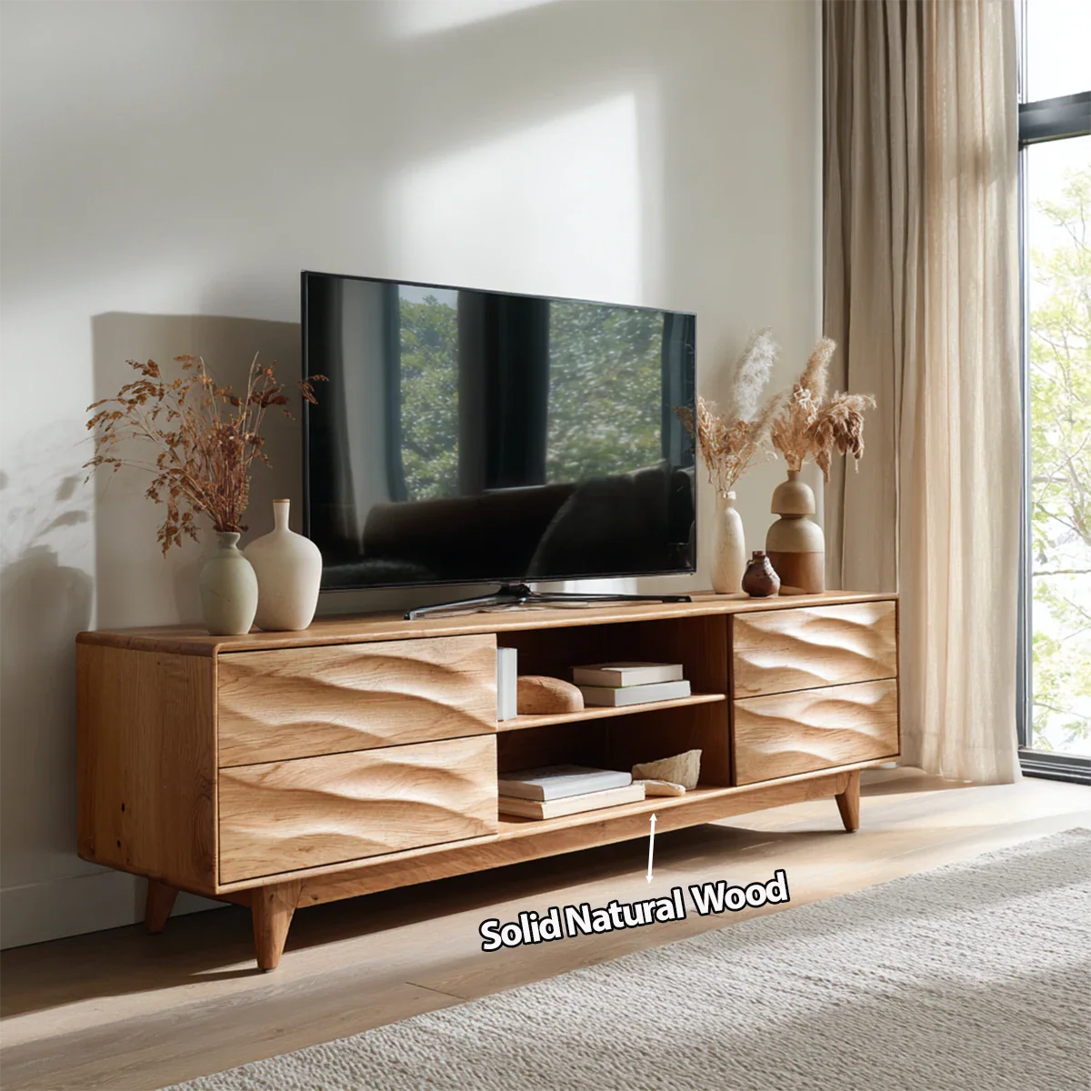 Handcrafted Solid Wood TV Stand with Sculpted Wave Drawers and Mid Century Frame - Rustirawood