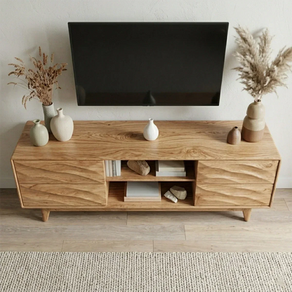 Handcrafted Solid Wood TV Stand with Sculpted Wave Drawers and Mid Century Frame - Woodenecho