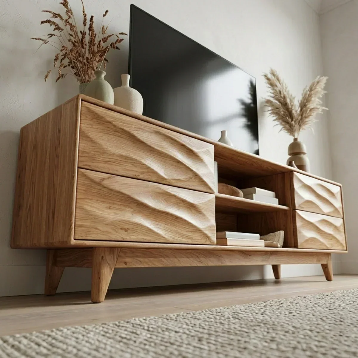 Handcrafted Solid Wood TV Stand with Sculpted Wave Drawers and Mid Century Frame - Woodenecho