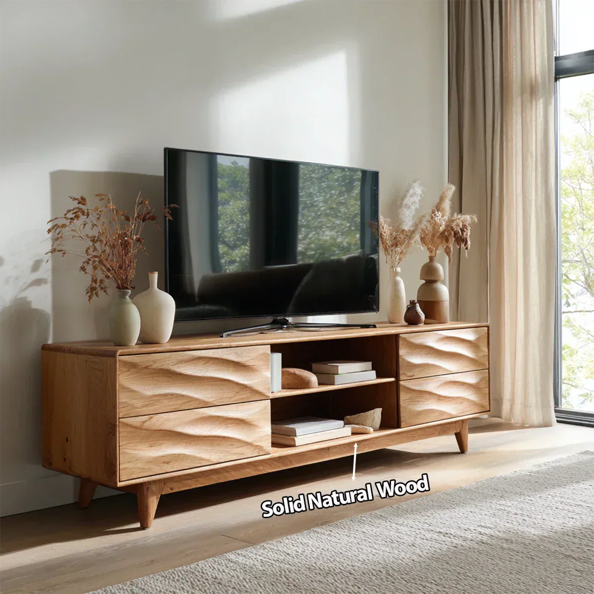 Handcrafted Solid Wood TV Stand with Sculpted Wave Drawers and Mid Century Frame - Woodenecho
