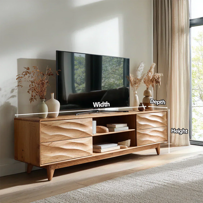 Handcrafted Solid Wood TV Stand with Sculpted Wave Drawers and Mid Century Frame - Woodenecho