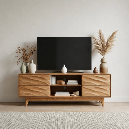 Handcrafted Solid Wood TV Stand with Sculpted Wave Drawers and Mid Century Frame - Woodenecho
