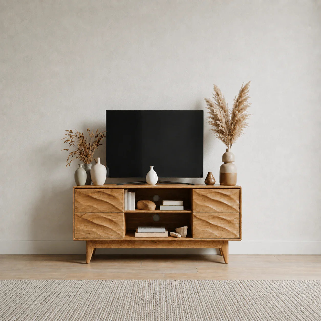 Handcrafted Solid Wood TV Stand with Sculpted Wave Drawers and Mid Century Frame - Woodenecho