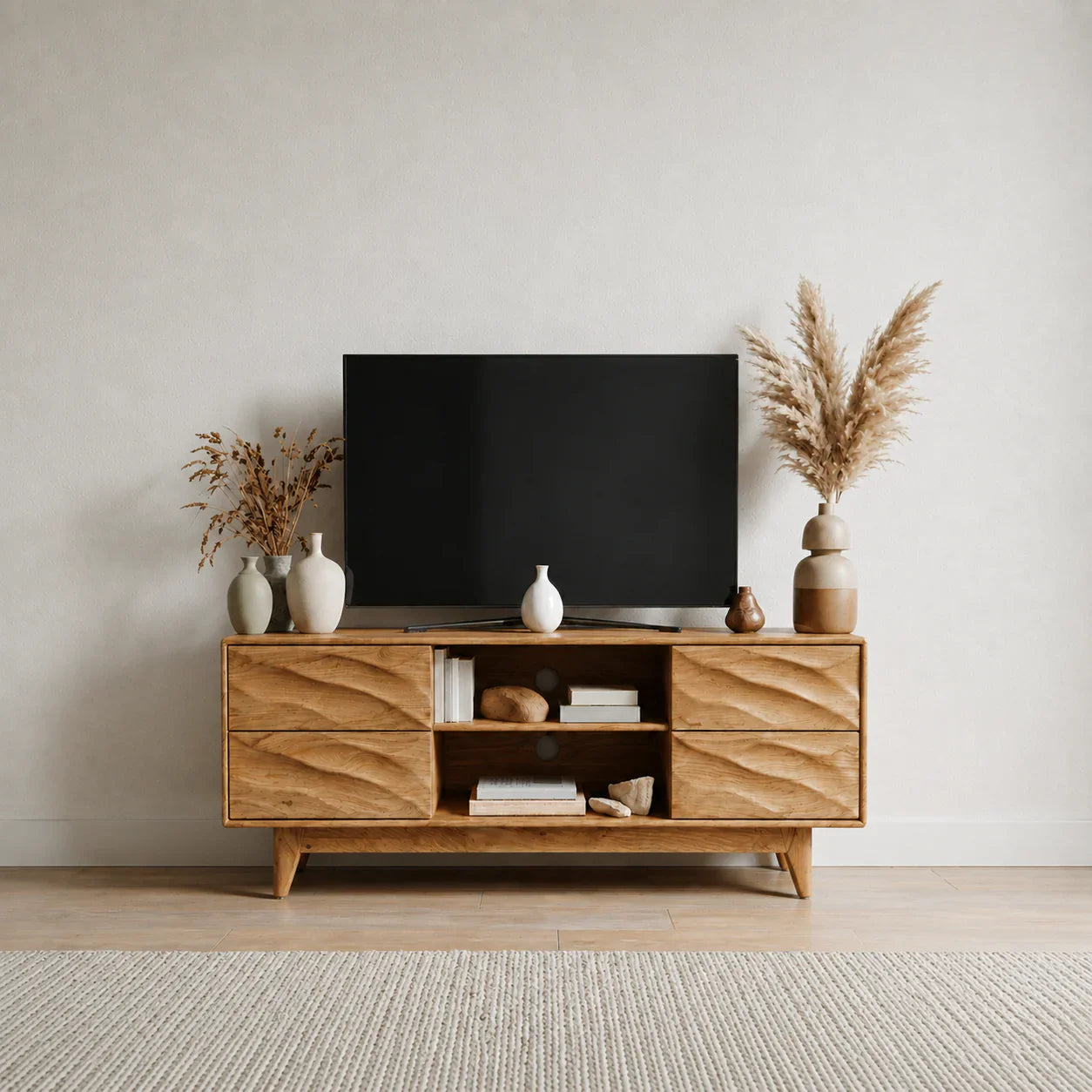 Handcrafted Solid Wood TV Stand with Sculpted Wave Drawers and Mid Century Frame - Woodenecho