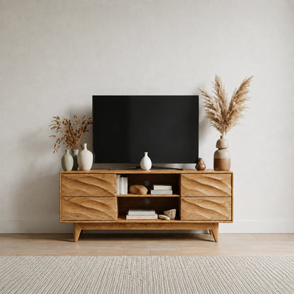 Handcrafted Solid Wood TV Stand with Sculpted Wave Drawers and Mid Century Frame - Woodenecho