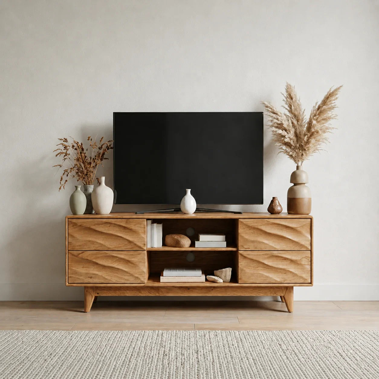 Handcrafted Solid Wood TV Stand with Sculpted Wave Drawers and Mid Century Frame - Woodenecho