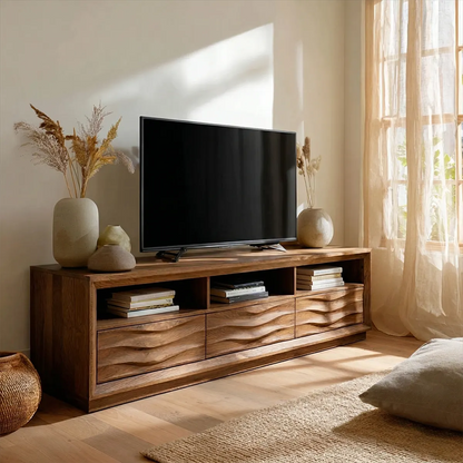 Handcrafted Solid Wood TV Stand with Sculpted Wave Drawers and Multi Open Media Compartments - Rustirawood