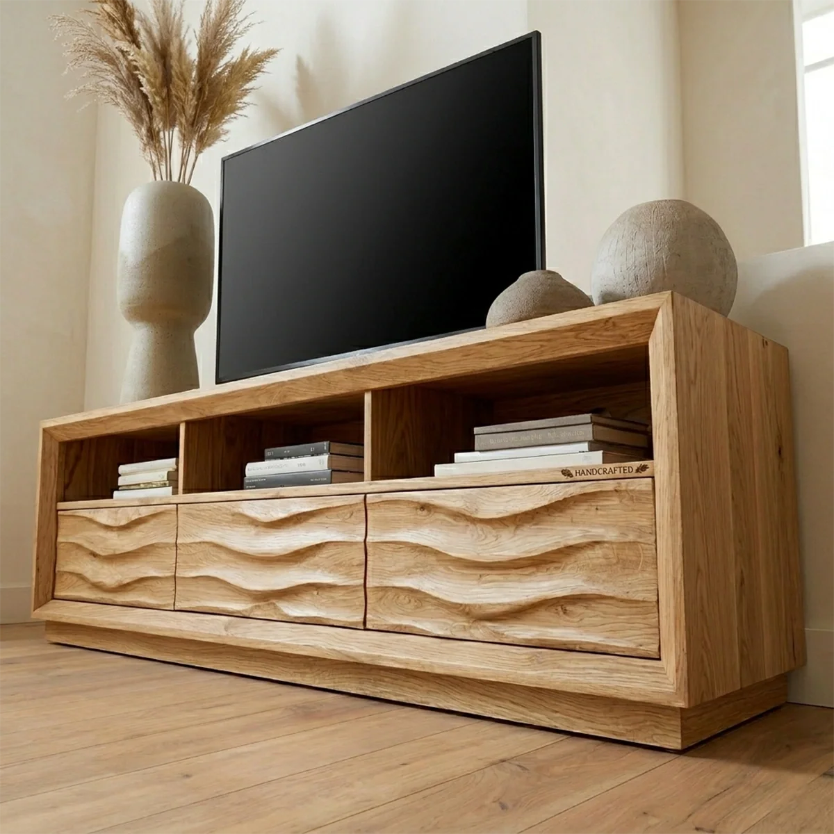 Handcrafted Solid Wood TV Stand with Sculpted Wave Drawers and Multi Open Media Compartments - Rustirawood