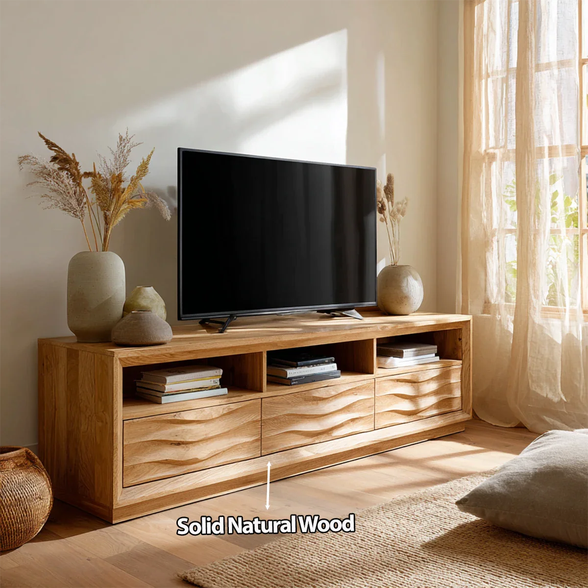 Handcrafted Solid Wood TV Stand with Sculpted Wave Drawers and Multi Open Media Compartments - Rustirawood