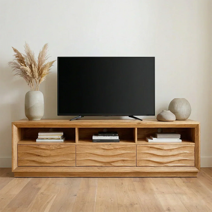 Handcrafted Solid Wood TV Stand with Sculpted Wave Drawers and Multi Open Media Compartments - Woodenecho