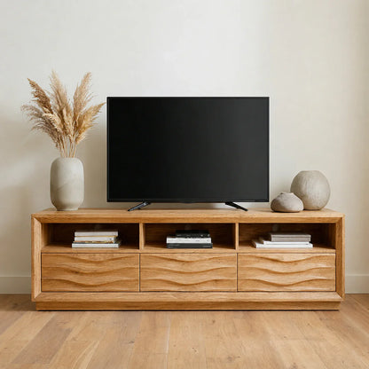 Handcrafted Solid Wood TV Stand with Sculpted Wave Drawers and Multi Open Media Compartments - Woodenecho