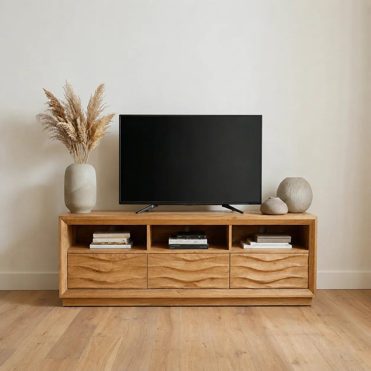 Handcrafted Solid Wood TV Stand with Sculpted Wave Drawers and Multi Open Media Compartments - Woodenecho