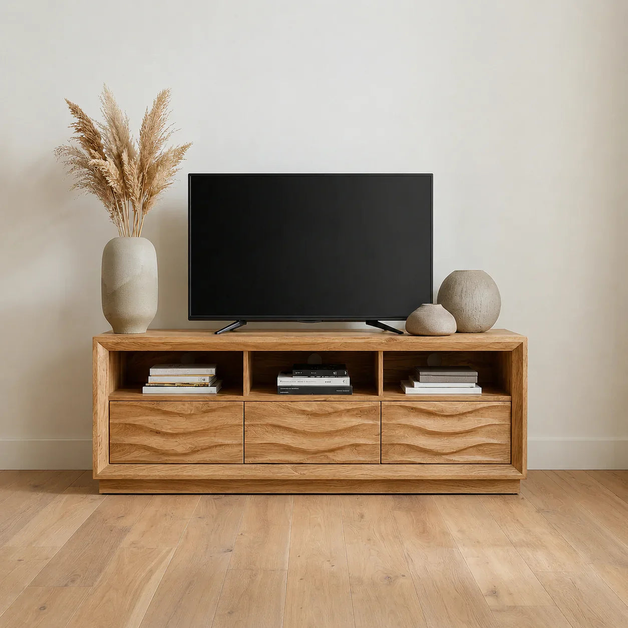 Handcrafted Solid Wood TV Stand with Sculpted Wave Drawers and Multi Open Media Compartments - Woodenecho