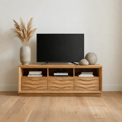 Handcrafted Solid Wood TV Stand with Sculpted Wave Drawers and Multi Open Media Compartments - Woodenecho