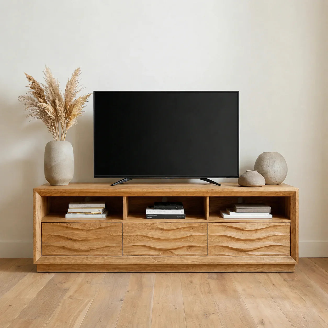 Handcrafted Solid Wood TV Stand with Sculpted Wave Drawers and Multi Open Media Compartments - Woodenecho