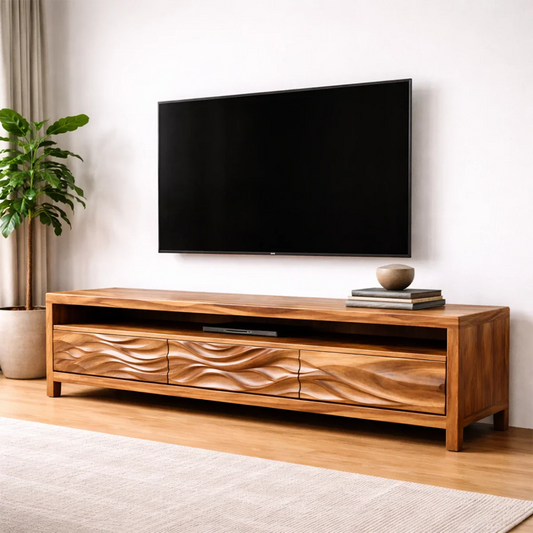 Handcrafted Solid Wood TV Stand with Sculpted Wave Drawers and Open Media Shelf - Rustirawood