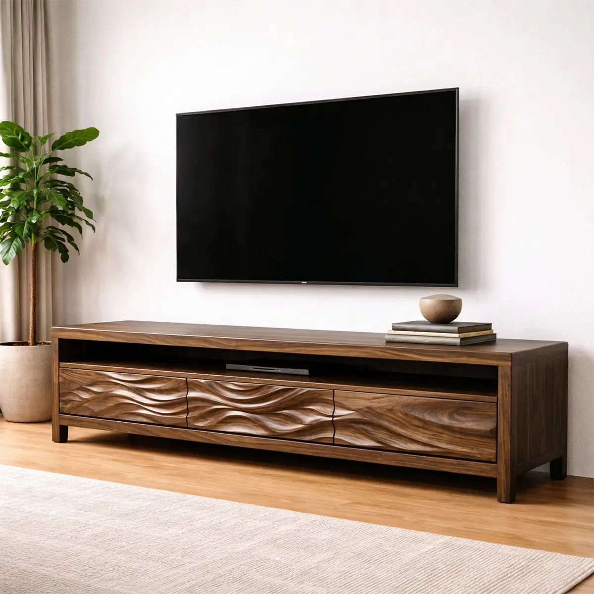 Handcrafted Solid Wood TV Stand with Sculpted Wave Drawers and Open Media Shelf - Rustirawood
