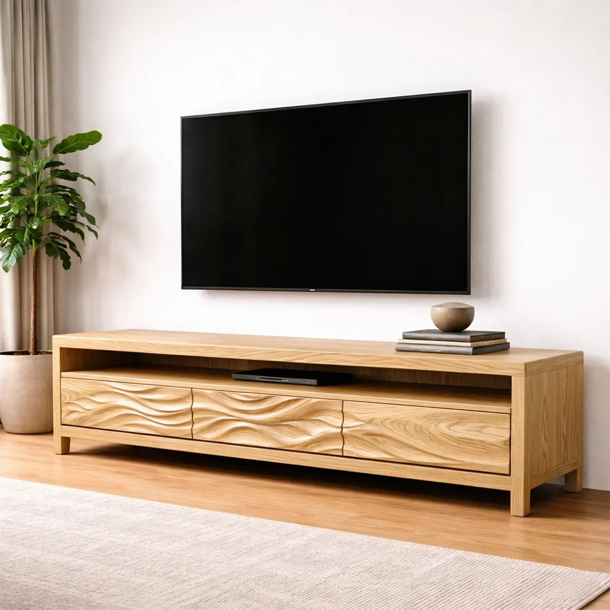 Handcrafted Solid Wood TV Stand with Sculpted Wave Drawers and Open Media Shelf - Rustirawood
